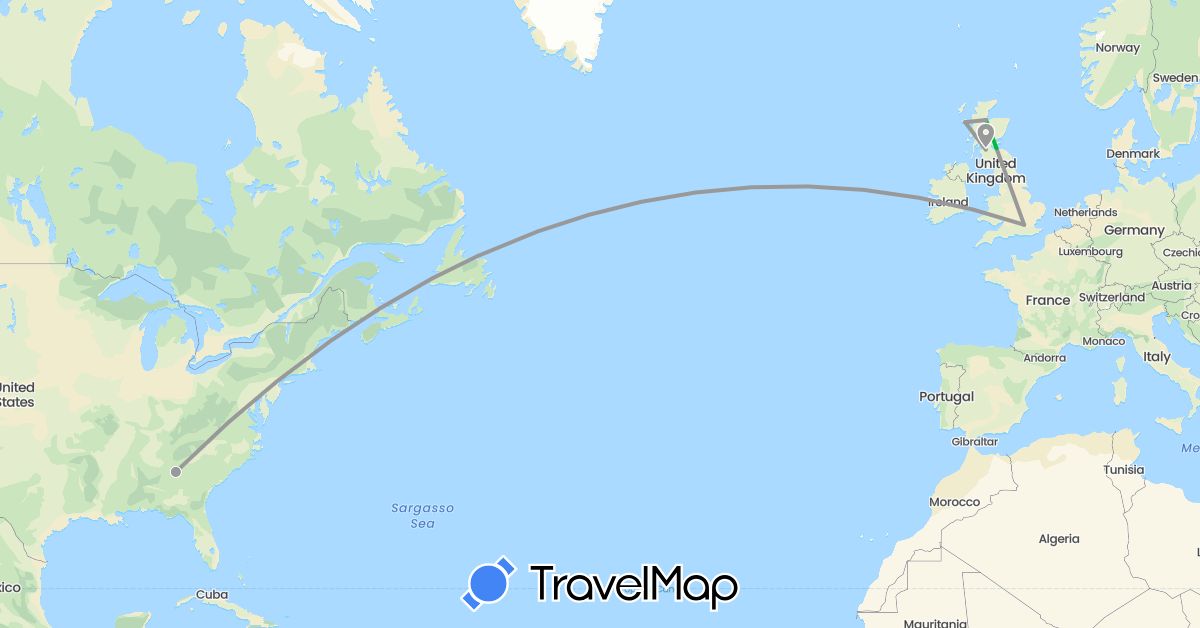 TravelMap itinerary: driving, bus, plane in United Kingdom, United States (Europe, North America)